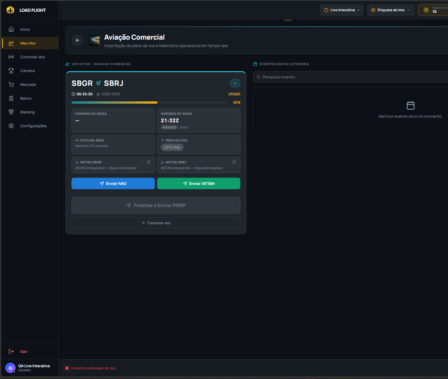 Active Flight Dashboard showing the progress bar, status cards, and the closing buttons