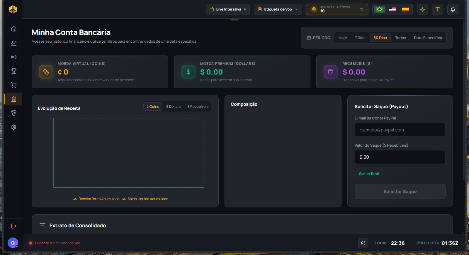 Bank page with the three balances and the PayPal payout form