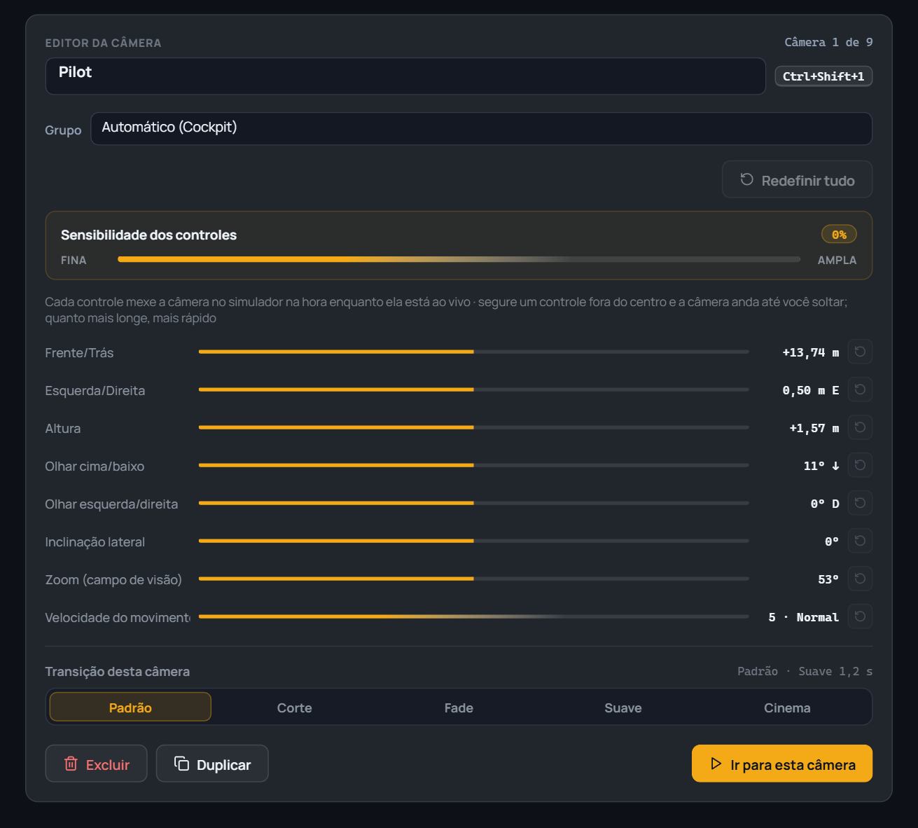 Camera editor open on the Pilot camera: sensitivity control, eight position/angle/zoom/speed sliders with readouts in meters and degrees, and that camera's five transition styles