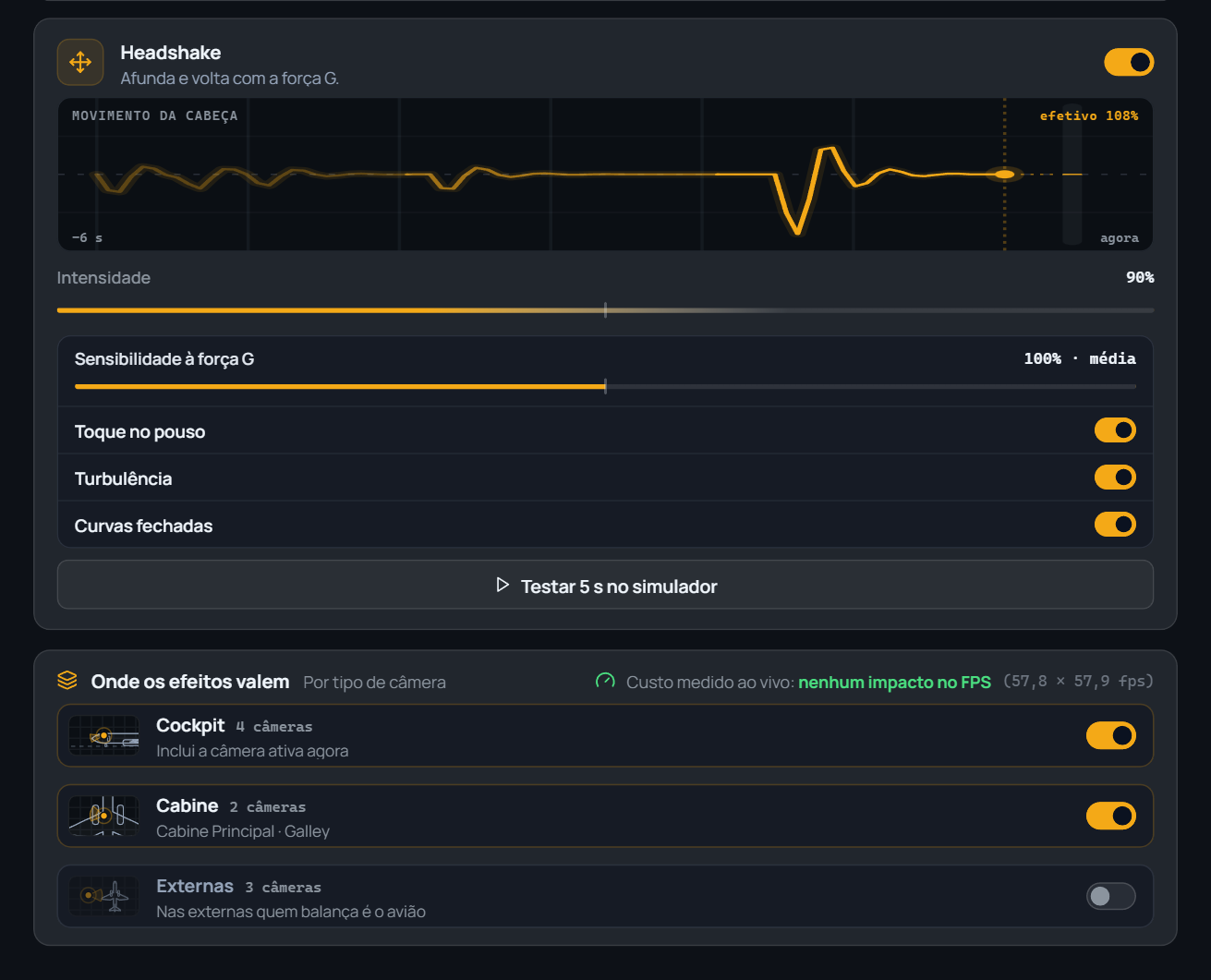 Headshake effect with a live graph showing the touchdown jolt, and the 