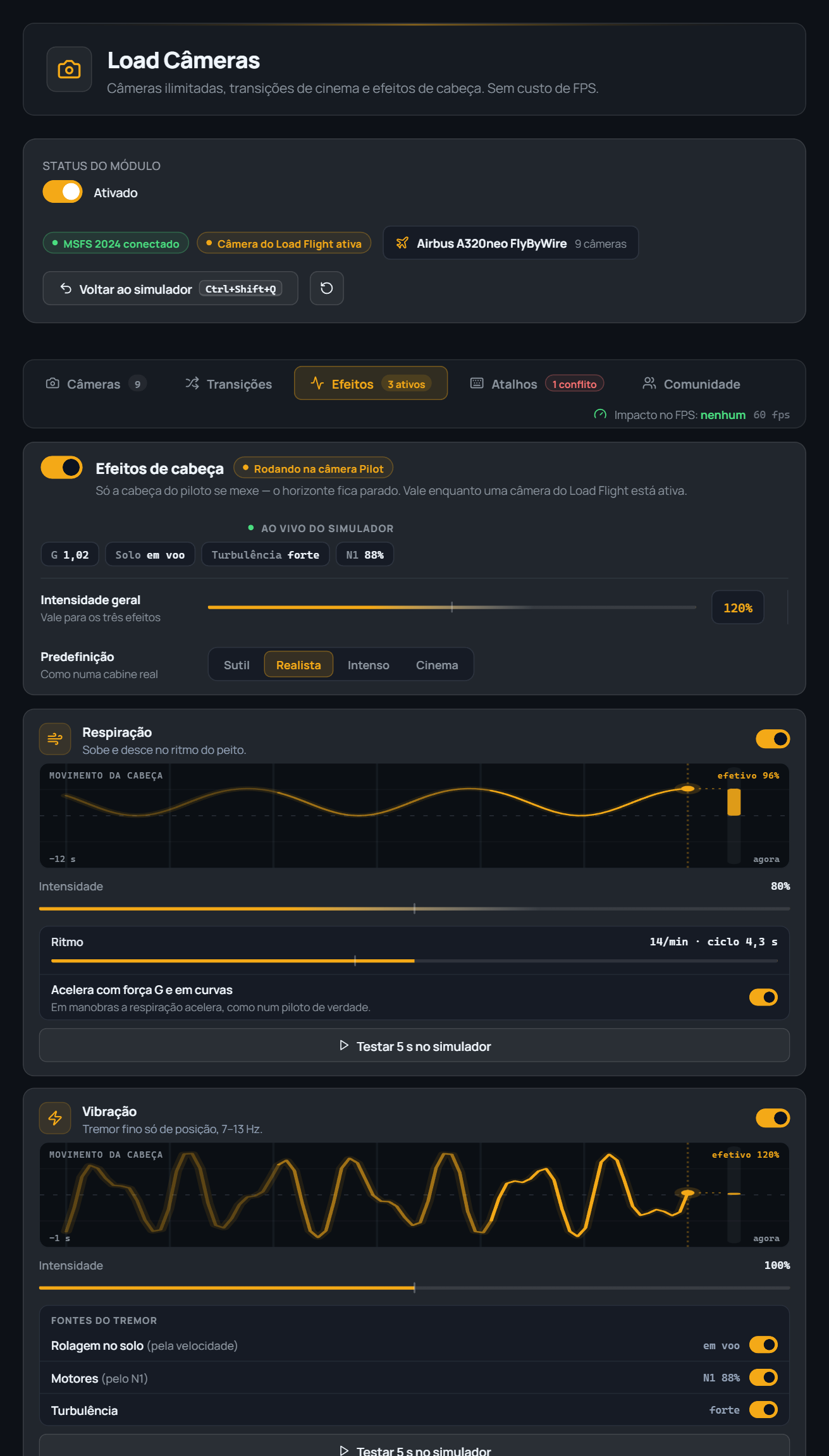 Effects tab: master intensity, four presets, and live graphs of Breathing and Vibration with real values read from the simulator (G-force 1.02, N1 88%, strong turbulence)