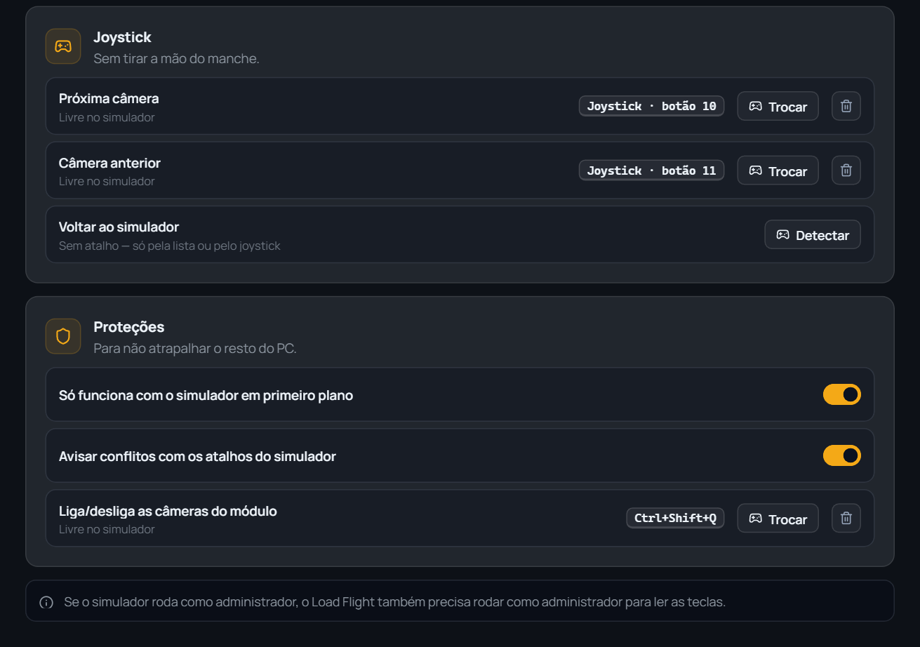 Joystick section with next camera and previous camera mapped, and Protections section with 