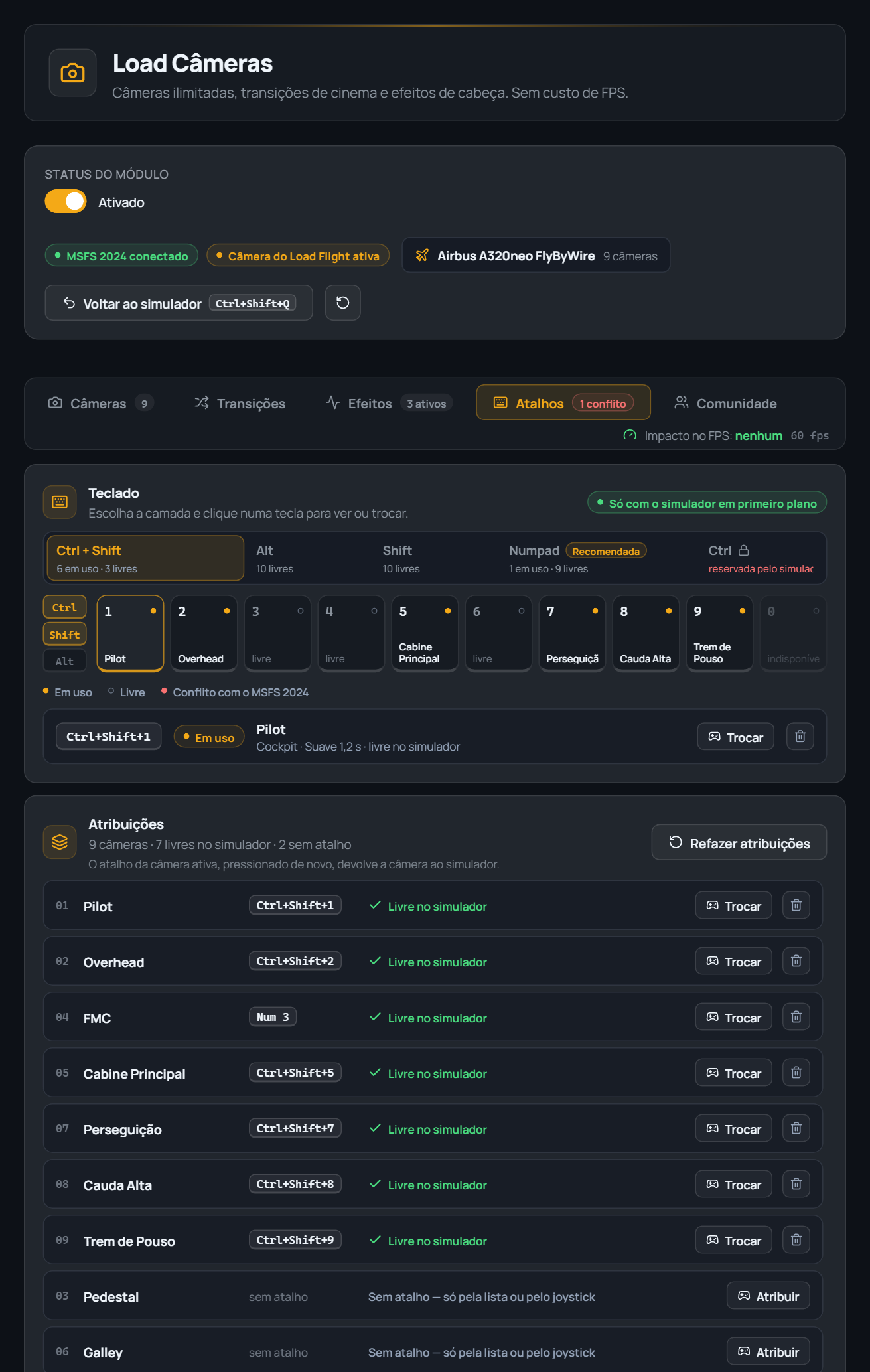 Hotkeys tab: Ctrl+Shift layer selector with a visual numpad showing used/free/conflicting keys, and the 9-camera assignment list with each hotkey's status