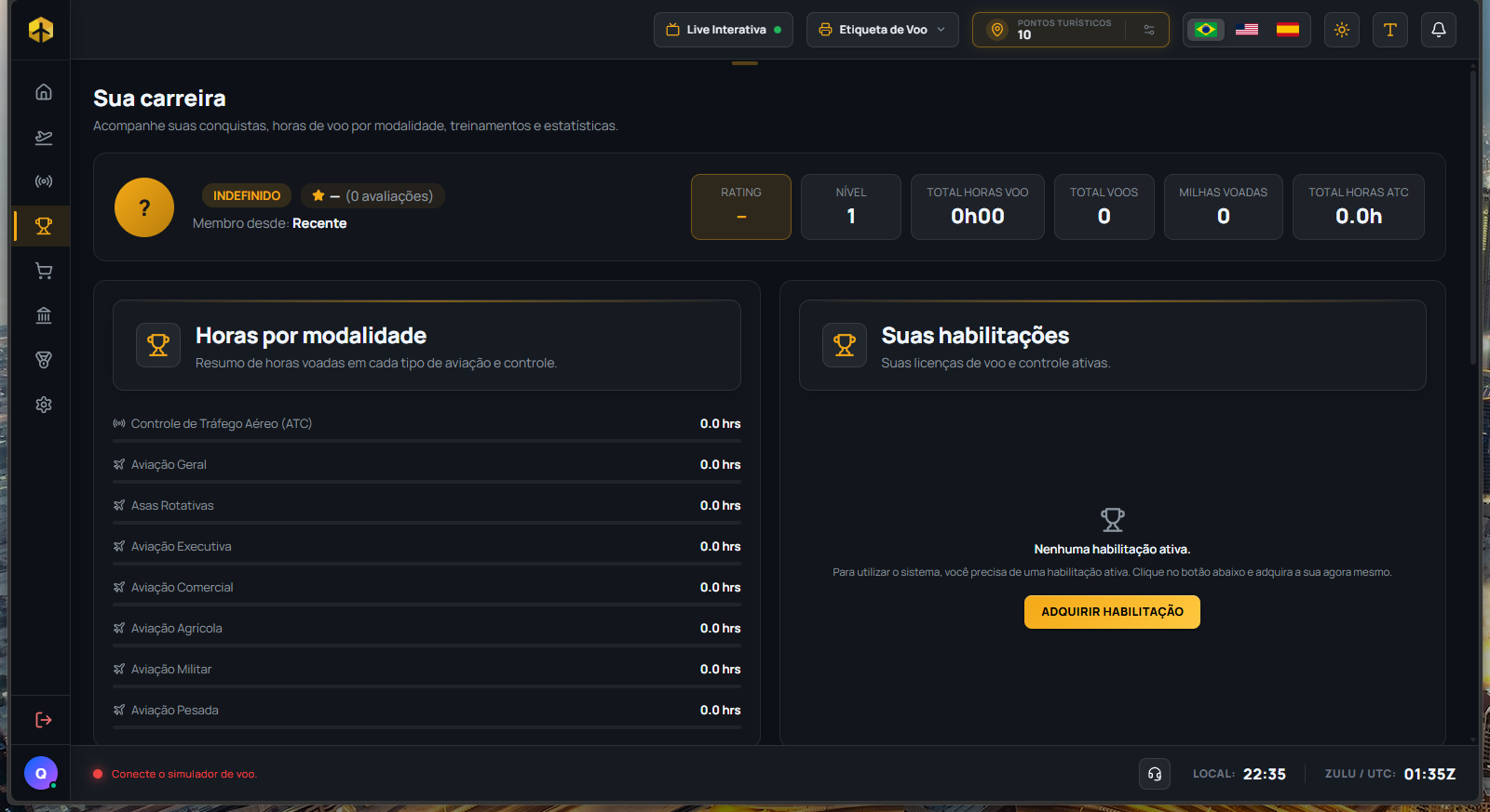 Career page showing pilot rank, stats, and licenses