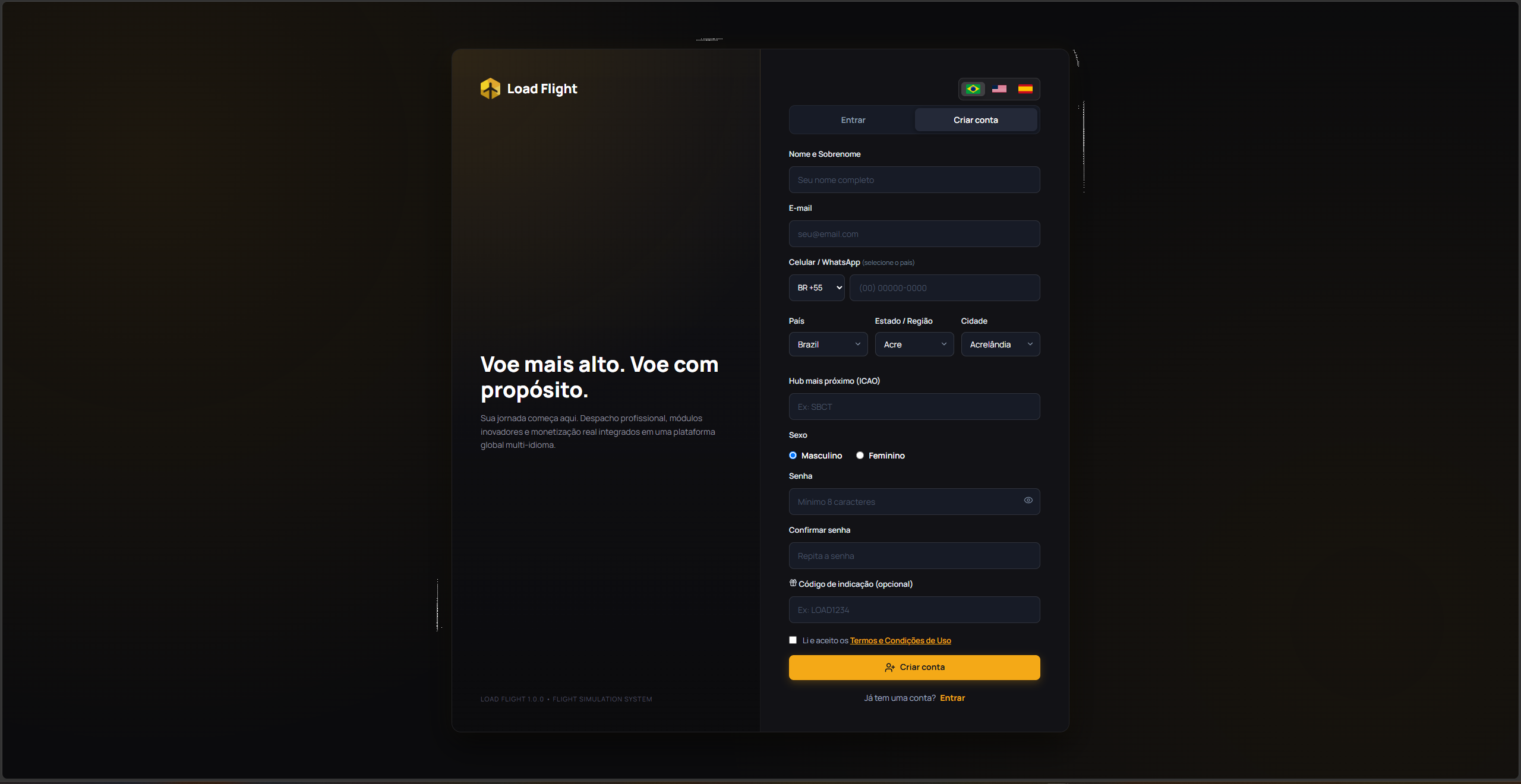 Load Flight account creation screen