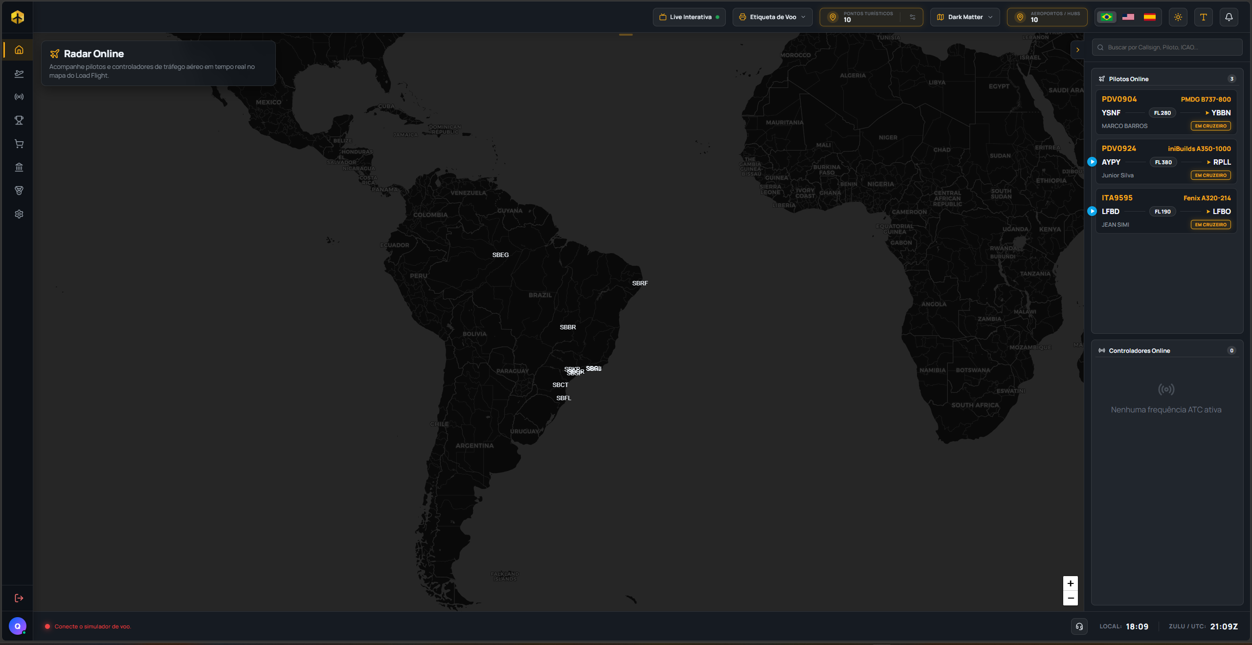 Load Flight Online Radar showing pilots and controllers in real time