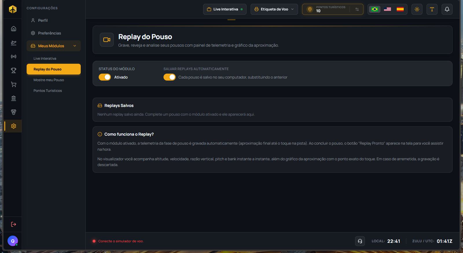 Landing Replay module settings, with status enabled and a list of saved replays
