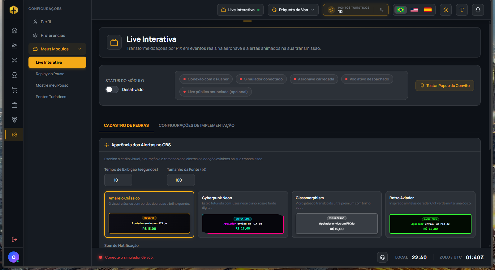 Live Interaction settings tab with module status and alert styles