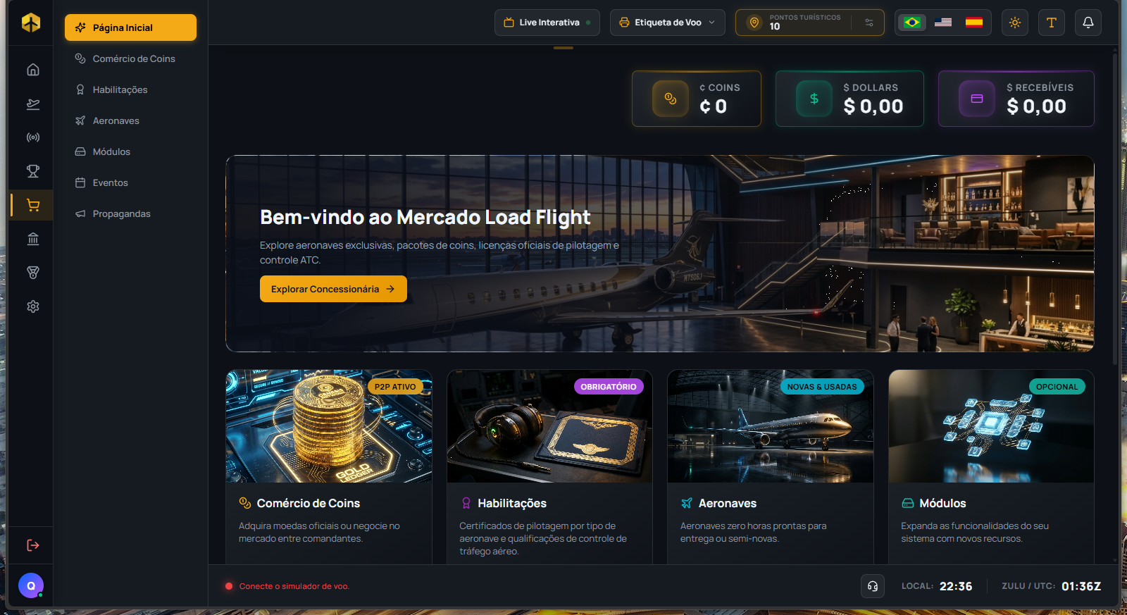 Market home page with balances and Coins, Ratings, Aircraft, and Modules storefronts