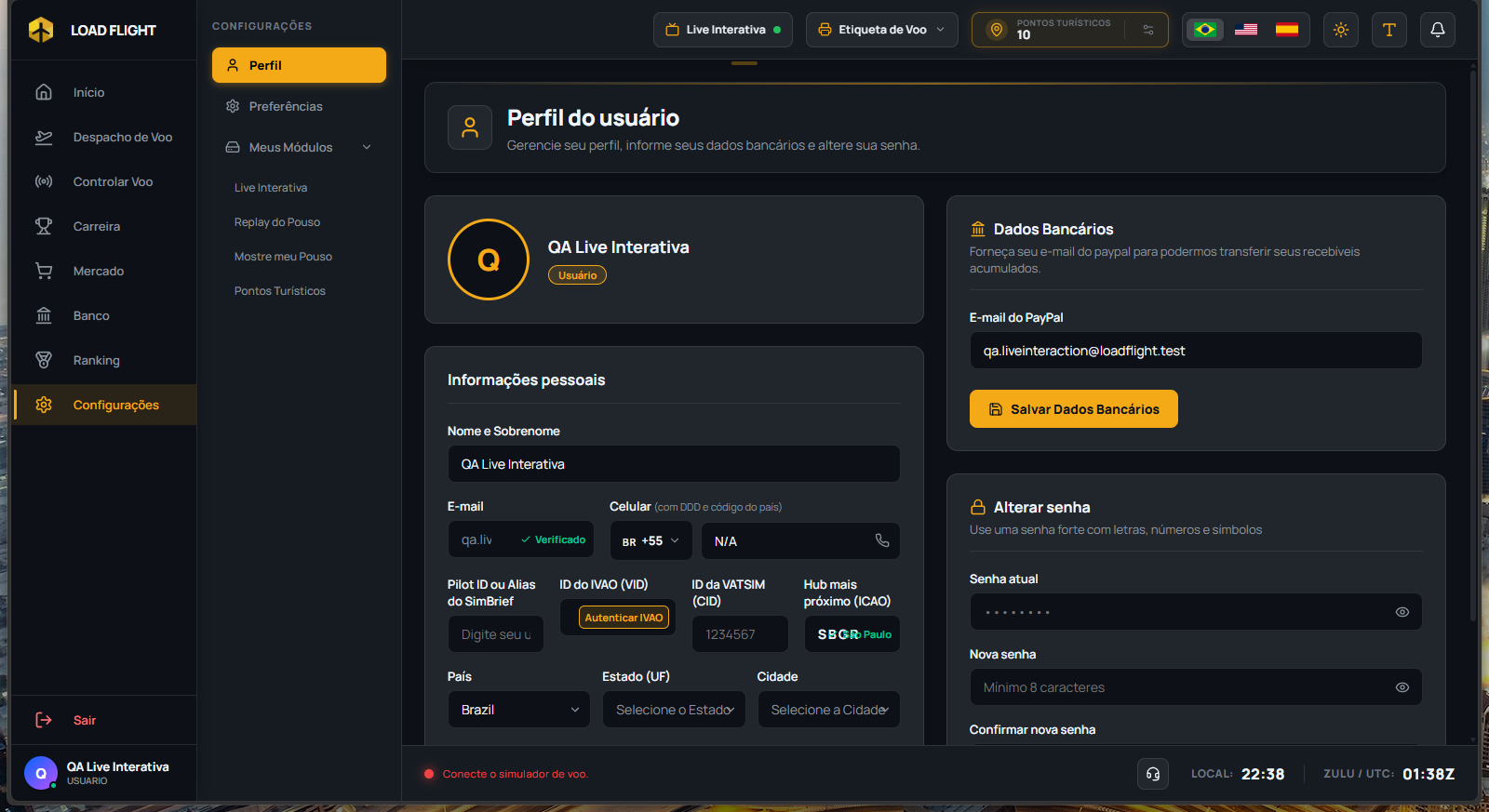 Profile tab in Settings showing personal information and payment details