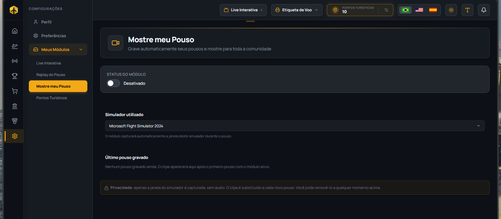 Show My Landing module settings, with simulator picker