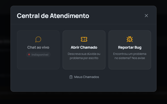 Support Center modal with Live Chat, Open Ticket, and Report a Bug options
