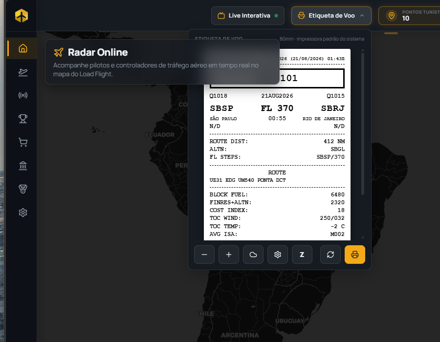 Flight ticket ready for printing, with full flight plan data