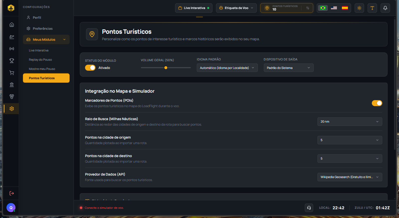 Touristic Points module settings, with search radius and points-per-city